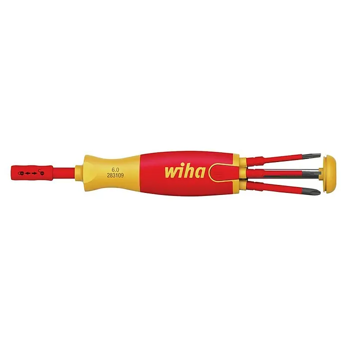 Wiha Umsteckschraubendreher LiftUp VDE - Geeignet für: Elektriker, Ergonomischer Griff - Wiha Magazin-Bithalter Stubby mit sechs Bits, ideal für enge Arbeitsbereiche, mit robustem Griff für komfortable Handhabung.