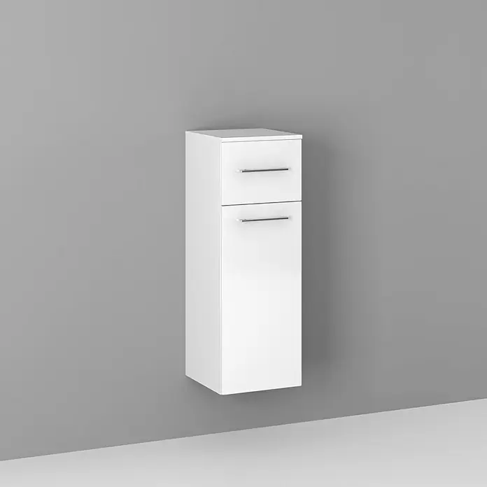 Astor Hängeschrank Cool Clean mit UVC-Desinfizierungsmodul - 37 x 35 x 101 cm - Aufnahme eines weißen Badezimmerschranks mit zwei Schubladen, der an einer grauen Wand hängt und Stauraum und Organisation bietet.