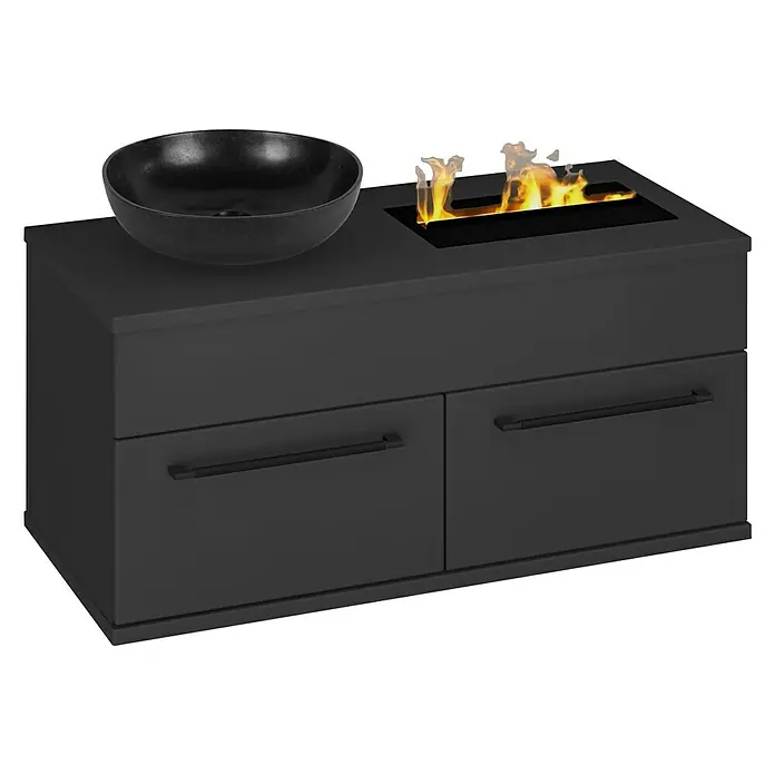 Astor Cool Fire Aufsatzwaschbecken - 38 x 38 cm, Schwarz - Schwarzer Badezimmerschrank mit einer schwarzen Schüssel und einem integrierten Bioethanol-Kamin. Elegantes Design für modernes Badezimmer.