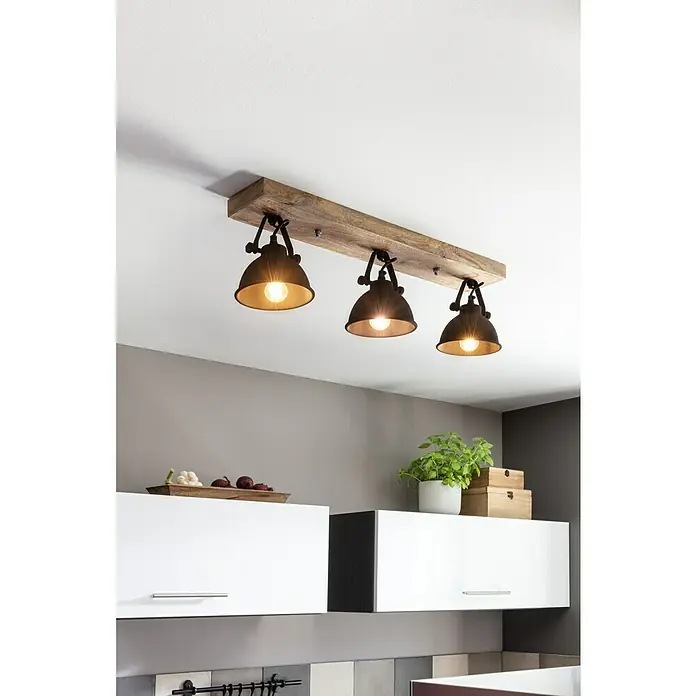 Just Light Samia Regleta - 120 W, L x An x Al: 74 x 15 x 22,5 cm, Marrón, E14 - Lámpara de techo vintage con tres focos en una viga de madera. Ideal para espacios rústicos con luz cálida.