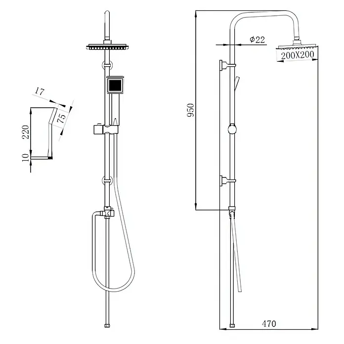 Sistema de ducha Eris - Con selector, Número de tipos de chorro: 1 ud., Cromo - Ilustración de una columna de ducha con dimensiones 200x200, Ø22, 470 y 950, que muestra las dimensiones de la columna.