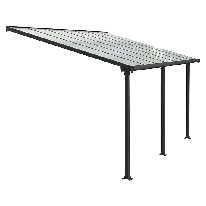 Palram – Canopia Terrassenüberdachung Olympia - B x T: 425 x 300 cm, Anthrazitgrau, Polycarbonat, Transparent - Abbildung eines modernen Vordachs aus Aluminium mit schlanken Pfosten und einer stilvollen, schrägen Überdachung für den Außenbereich.
