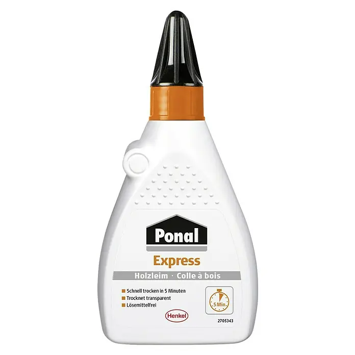 Ponal Holzleim Express - 120 g, Lösemittelfrei - Nahaufnahme einer Flasche Ponal Express Holzleim, einem schnell trocknenden, transparenten und lösemittelfreien Holzleim.