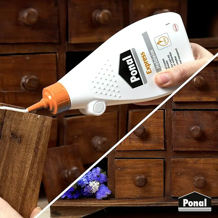Ponal Holzleim Express550 g, Lösemittelfrei - Nahaufnahme von Ponal Express Holzleim beim Auftragen auf ein Holzstück, ideal für schnelle und saubere Holzreparaturen.