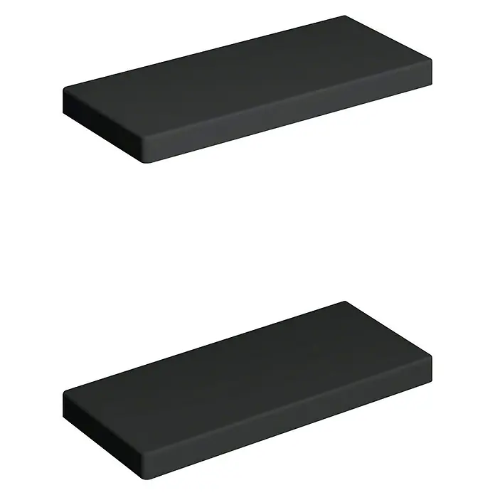 Astor Cool Fire Badablage - Breite: 30 cm, Schwarz - Eine Nahaufnahme von zwei schwarzen, schwebenden Regalen, die ein minimalistisches und modernes Design zeigen. Ideal für die Wanddekoration.