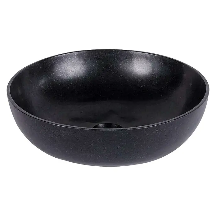 Astor Cool Fire Aufsatzwaschbecken - 38 x 38 cm, Schwarz - Nahaufnahme eines runden, schwarzen Waschbeckens mit einer glatten Oberfläche, ideal für moderne Badezimmerdesigns.