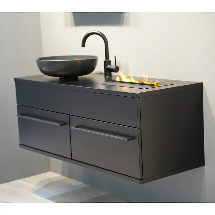 Astor Cool Fire Waschtischunterschrank - 100 x 46,2 x 45,3 cm, Schwarz - Schwarzer Waschtischunterschrank mit Becken und integriertem Kamin. Modernes Design für ein stilvolles Badezimmer mit besonderem Flair.