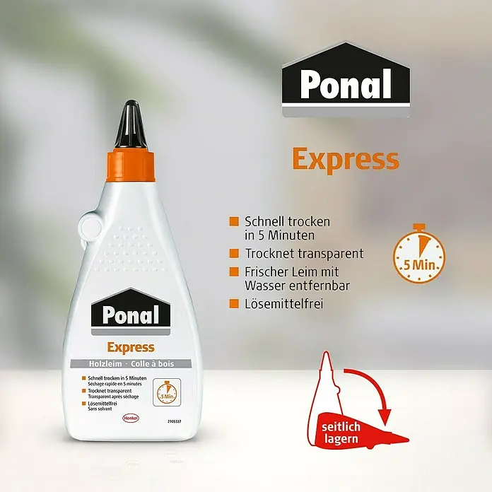 Ponal Holzleim Express - 225 g, Lösemittelfrei - Bild einer Flasche Ponal Express Holzleim, der schnell trocknet, transparent ist, mit Wasser entfernt werden kann und lösemittelfrei ist.