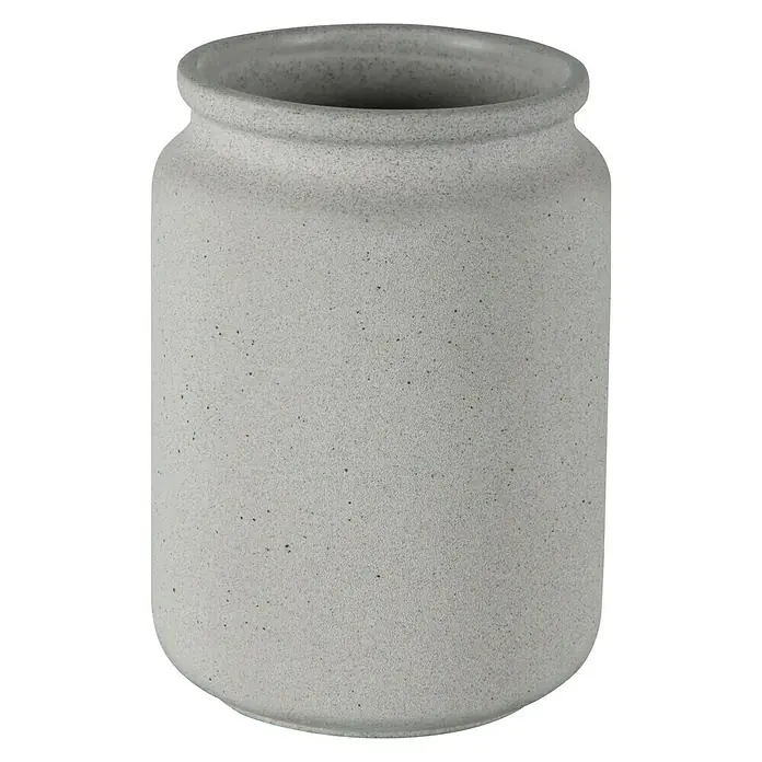 Spirella Portacepillos Cement - L x An x Al: 8 x 8 x 11 cm, Cerámica - Primer plano de un jarrón de flores cilíndrico, gris moteado con una amplia abertura, perfecto para arreglos florales o como acento decorativo.