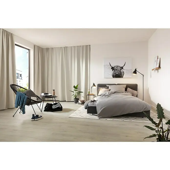 ProArt Leinwandbild - Scot Highland, B x H: 120 x 90 cm - Helles Schlafzimmer mit einem gemütlichen Bett, einem trendigen Sessel und modernen Akzenten für einen stilvollen und entspannten Look.