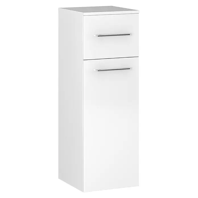 Astor Hängeschrank Cool Clean mit UVC-Desinfizierungsmodul - 37 x 35 x 101 cm - Aufnahme eines weißen Badezimmer-Hochschranks mit zwei Schubladen und silbernen Griffen für eine moderne und praktische Badgestaltung.
