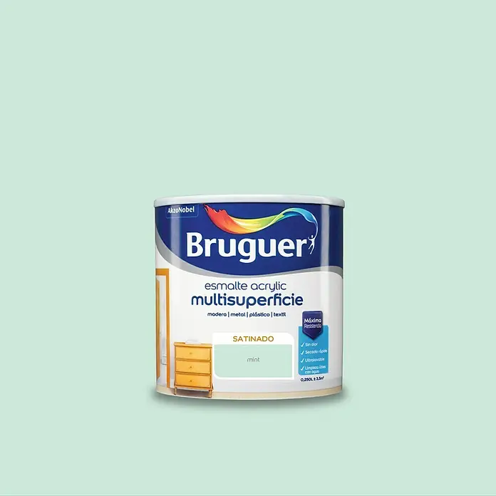 Bruguer Esmalte de color Acrylic Multisuperficie Mint - Satinado, 250 ml, Base de agua - Bote de pintura acrílica Bruguer Multisuperficie en menta, ideal para madera, metal, plástico y textiles. Inodoro, secado rápido y ultralavable.