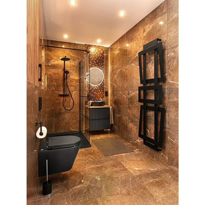 Camargue Espacio Waschtischunterschrank100 x 46 x 60 cm, 2 Schubkästen, Gama anthrazit matt - Modernes Badezimmer mit Marmorfliesen, schwarzer Toilette und Designer-Handtuchwärmer für ein luxuriöses Ambiente.