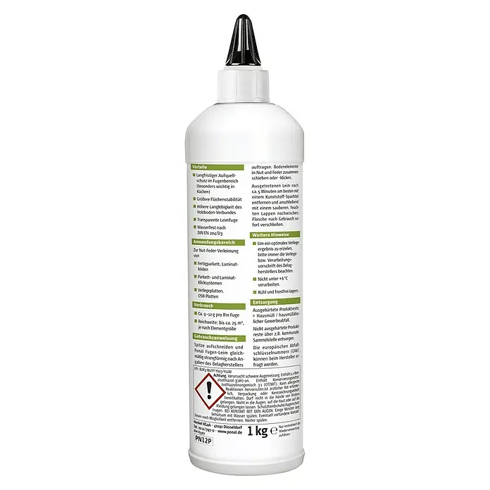 Ponal Holzleim Fugen-Leim Parkett & Laminat / OSB & Verlegeplatten - 1 kg, Lösemittelfrei - Abbildung einer Flasche Ponal Fugen-Leim, ideal für dauerhaften Quellschutz im Fugenbereich und mit transparentem Finish.