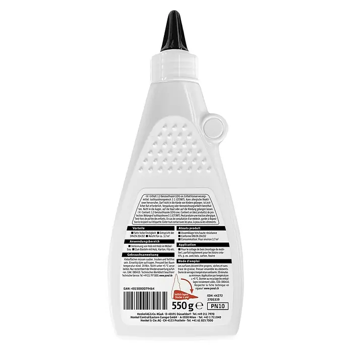Ponal Holzleim Classic - 550 g, Lösemittelfrei - Produktabbildung eines weißen Holzleimbehälters der Marke Ponal, ideal für Möbelbau und Bastelarbeiten mit Holz, Karton und Filz.