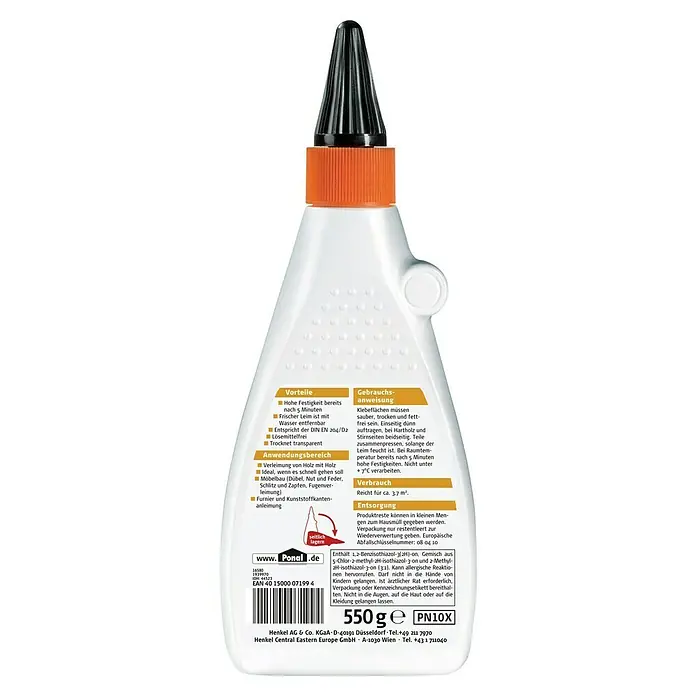 Ponal Holzleim Express - 550 g, Lösemittelfrei - Produktabbildung einer Ponal-Holzleimflasche mit schwarzem Verschluss und orangefarbenem Hals. Klebt Holz schnell und transparent.