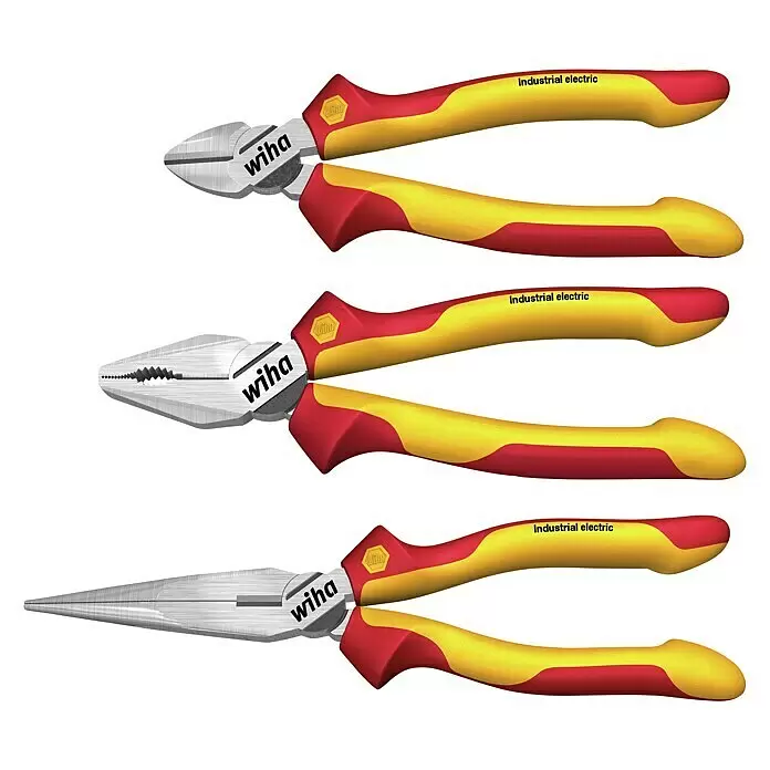 Wiha Zangen-Set Industrial Electric - 3 -tlg. - Drei isolierte Wiha Zangen (Seitenschneider, Kombi-, Spitzzange) mit rot-gelben Griffen für Industrieelektrik.