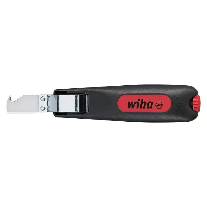 Wiha Kabelmesser - Elektroinstallationen - Schwarzer Wiha Abisolierer mit rotem Logo und silberner Klinge.