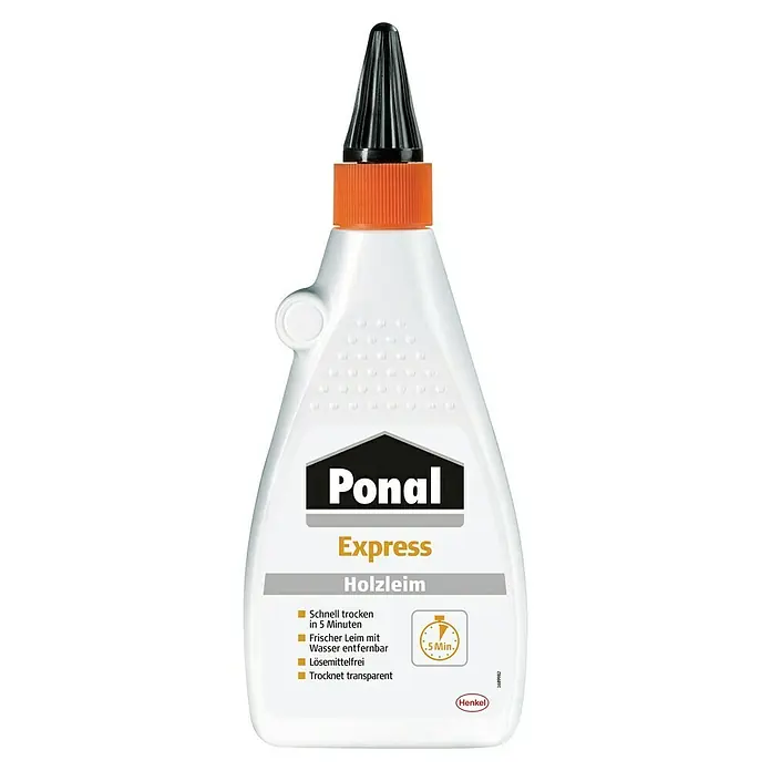 Ponal Holzleim Express - 550 g, Lösemittelfrei - Bild einer Flasche Ponal Express Holzleim, einem schnell trocknenden Holzleim für diverse Anwendungen im Innenbereich.