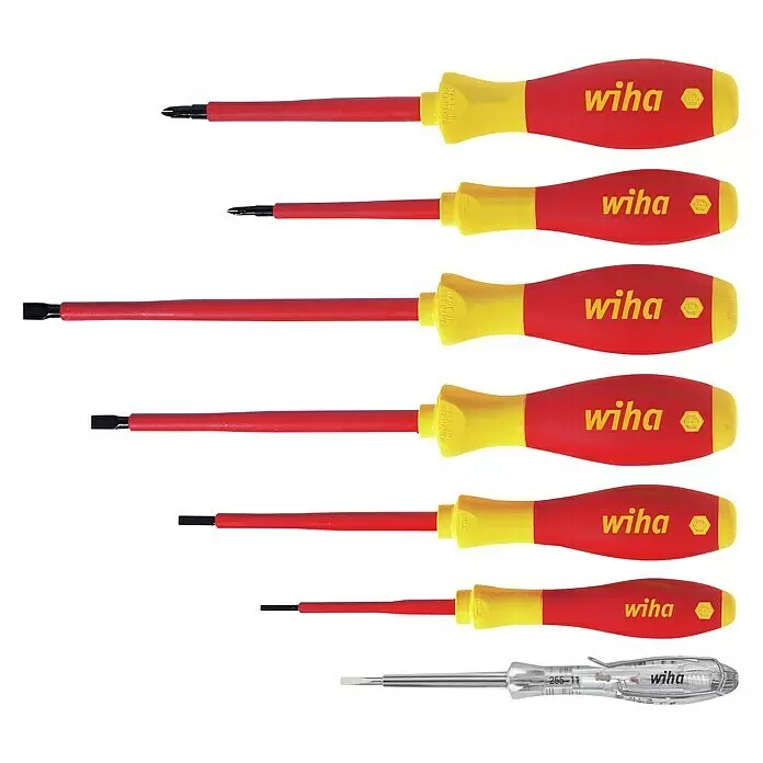 Wiha Schraubendreher-Set SoftFinish electric VDE - 7 -tlg., Schlitz und Kreuzschlitz PH - Satz von sechs rot-gelben Wiha Schraubendrehern mit isolierten Griffen und einem transparenten Spannungsprüfer.