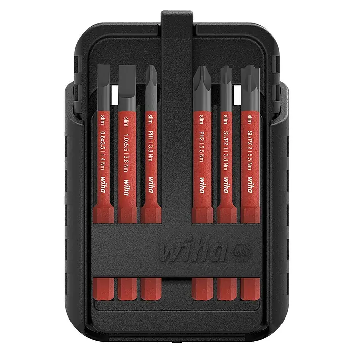 Wiha Bit-Set slimBit electric - 7 -tlg., SL, SL/PZ, PH, PZ, TX - Ein Wiha Slimline Schraubendrehersatz in einer schwarzen Aufbewahrungsbox mit roten Griffen, ideal für präzise Schraubarbeiten.