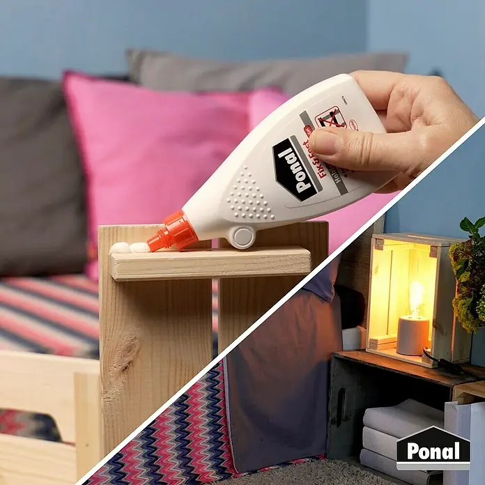 Ponal Holzleim Fix & Fest - 500 g, Lösemittelfrei - Produktbild von Ponals Fix & Fast Holzleim, der für Holzreparaturen und Bastelarbeiten verwendet wird, aufgeteiltes Bild, das die Anwendung zeigt.