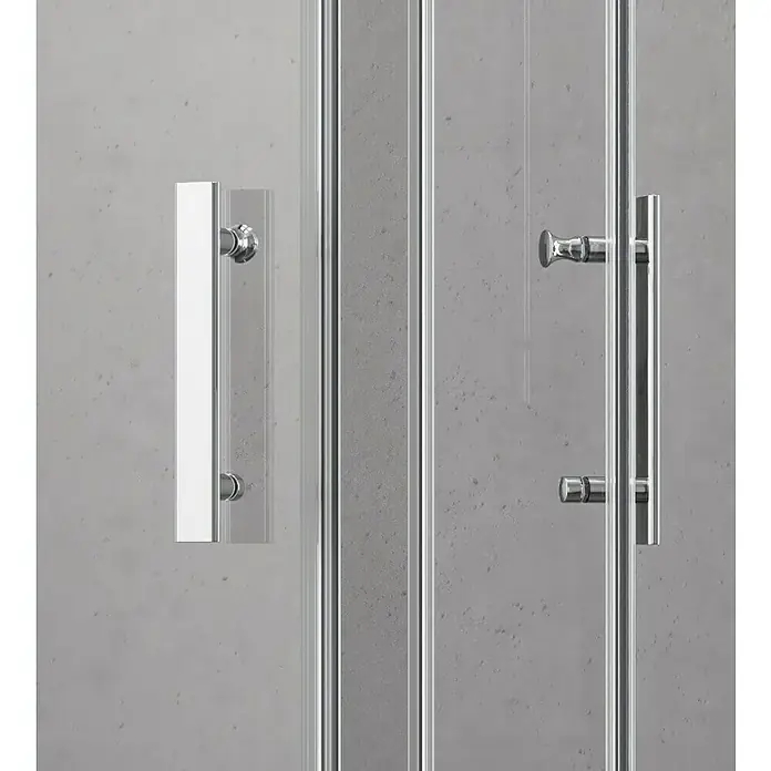 Camargue Vario Eckdusche S53+S53 - L x B x H: 90 x 90 x 195 cm, Beschichtet, Silber, Glasstärke: 6 mm - Detailaufnahme einer Duschkabine mit Griffen in Chromoptik, die ein modernes Badezimmerdesign unterstreichen.