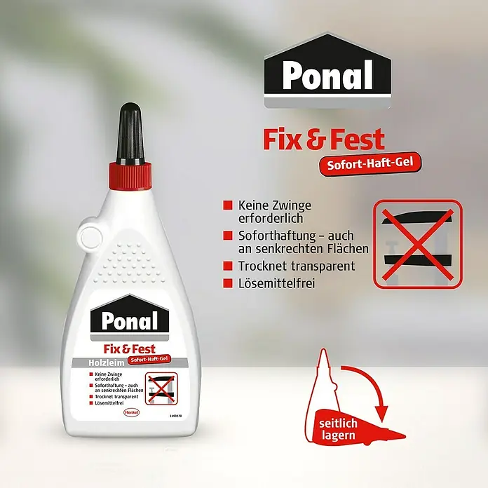 Ponal Holzleim Fix & Fest - 500 g, Lösemittelfrei - Bild einer Flasche Ponal Fix & Fest Holzleim Sofort-Haft-Gel, ideal für schnelle und zuverlässige Holzverbindungen ohne Zwingen.