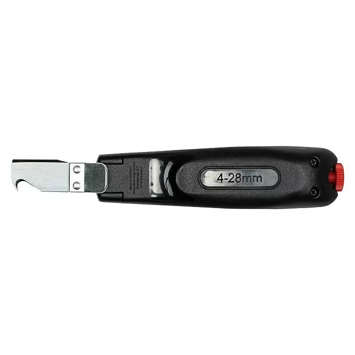 Wiha Kabelmesser - Elektroinstallationen - Schwarzer und silberner Kabelabisolierer mit rotem Knopf, markiert '4-28mm'.