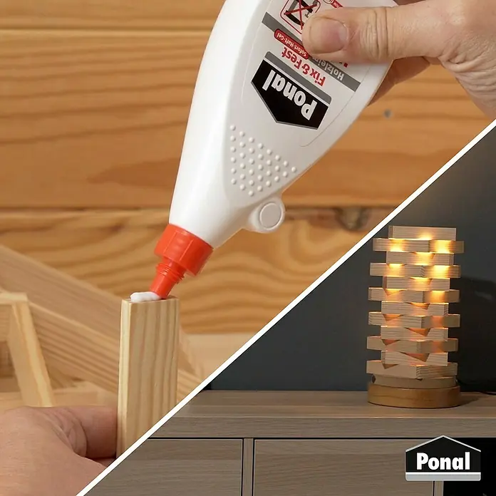 Ponal Holzleim Fix & Fest - 500 g, Lösemittelfrei - Das Bild zeigt Ponal Holzleim Fix & Fest beim Kleben von Holzklötzen sowie eine fertige Holzklotzlampe.