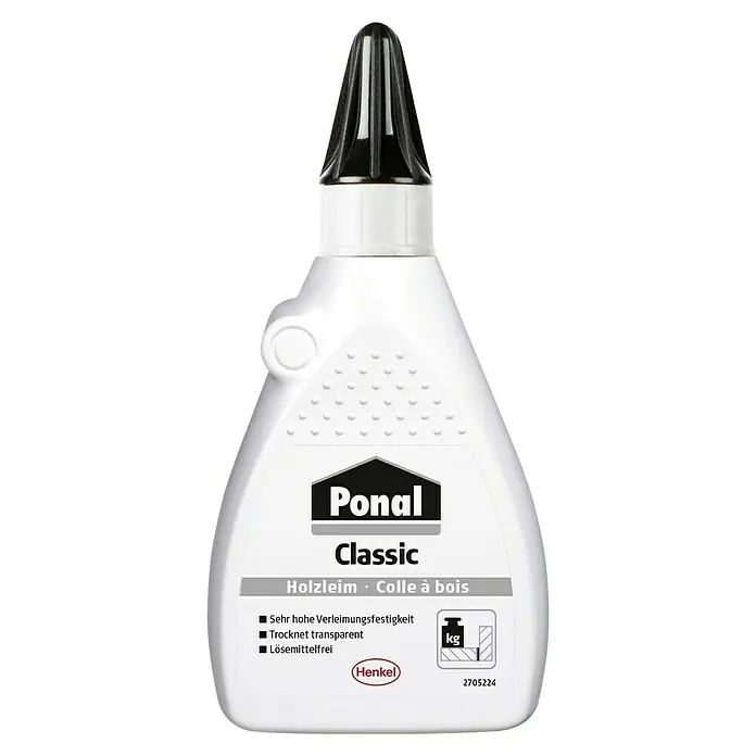Ponal Holzleim Classic - 120 g, Lösemittelfrei - Bild einer Flasche Ponal Classic Holzleim. Der Kleber ist lösemittelfrei, trocknet transparent und hat eine sehr hohe Verleimungsfestigkeit.