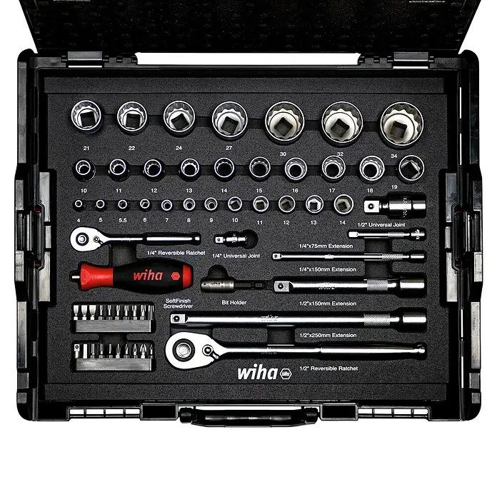 Wiha Steckschlüssel-Set Socket-Metric - 60 -tlg., Antriebsgröße: ¼″ Außensechskant - Wiha Werkzeugkoffer mit einer Auswahl an Steckschlüsseln, Schraubendrehern und Verlängerungen für verschiedene Anwendungen.