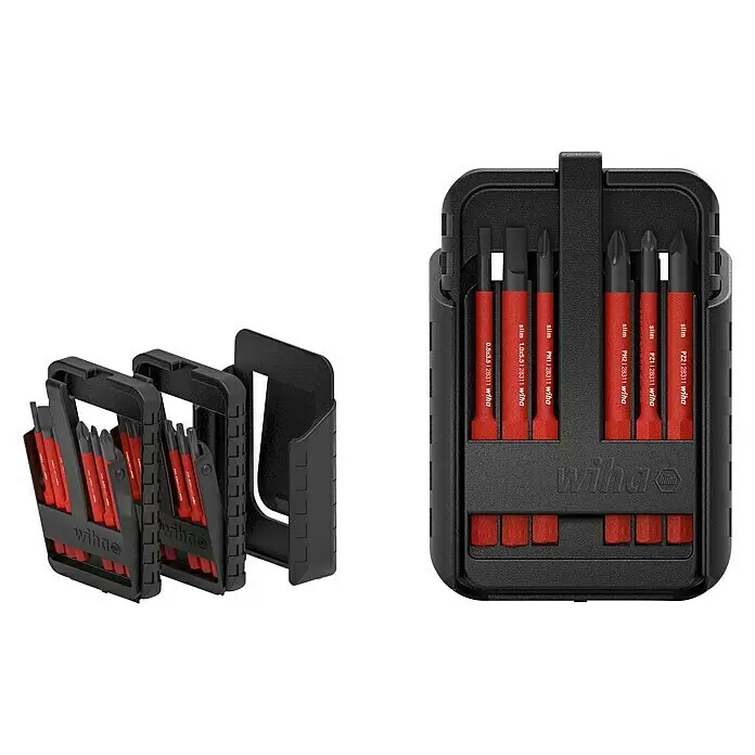 Wiha Bit-Set ELECTRIC - 12 -tlg., SL / PH / PZ / TX - Ein Wiha Schraubendreher-Bit-Set mit roten Griffen und schwarzen Kästen, mit Schlitz-, Phillips- und Pozidriv-Bits.