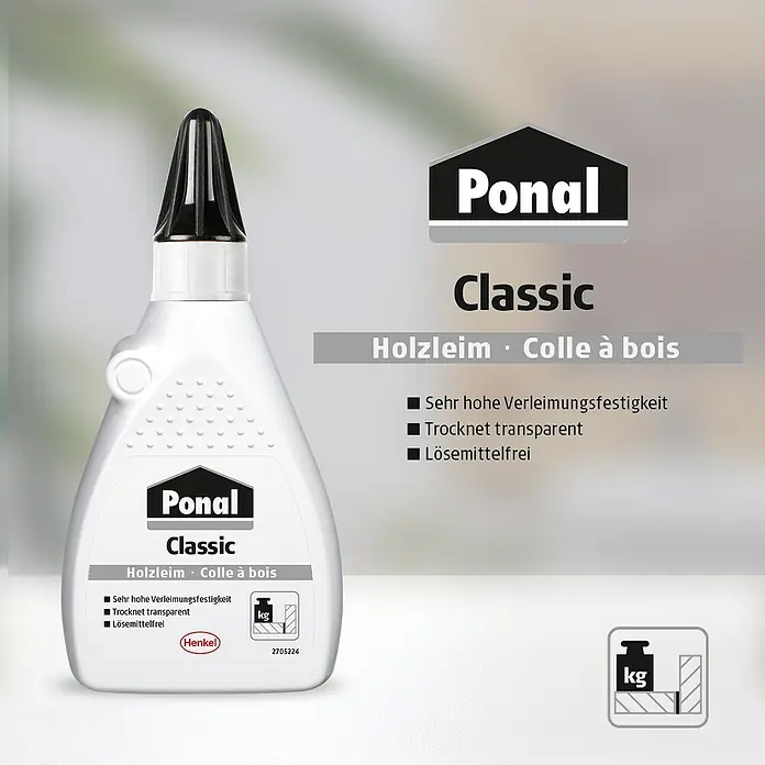 Ponal Holzleim Classic - 550 g, Lösemittelfrei - Produktabbildung: Ponal Classic Holzleim, ein starker, lösemittelfreier Holzleim für diverse Holzverbindungen im Innenbereich.