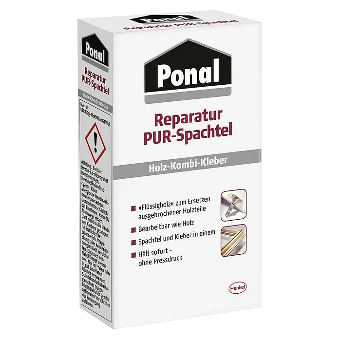 Ponal Spezialkleber Reparatur-PUR-Spachtel - Beige, 177 g - Produktbild von Ponal Reparatur PUR-Spachtel, einem Holzkombi-Kleber für Reparaturen und Ausbesserungen an Holzoberflächen.