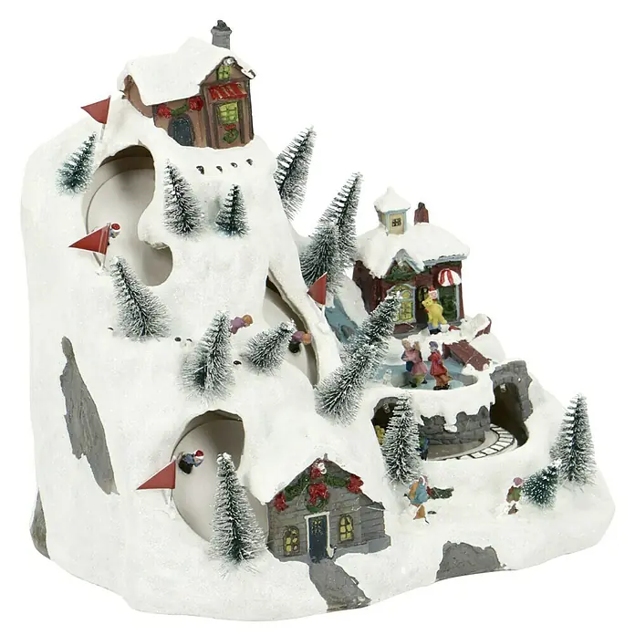 Konstsmide LED-Szenerie Skipiste - L x B x H: 31 x 20,5 x 27,5 cm, Bunt, Batteriebetrieben, LED - Ein weihnachtliches Dorf-Dekorationsstück mit verschneiten Bergen, Häusern und kleinen Figuren. Perfekt für festliche Stimmung.