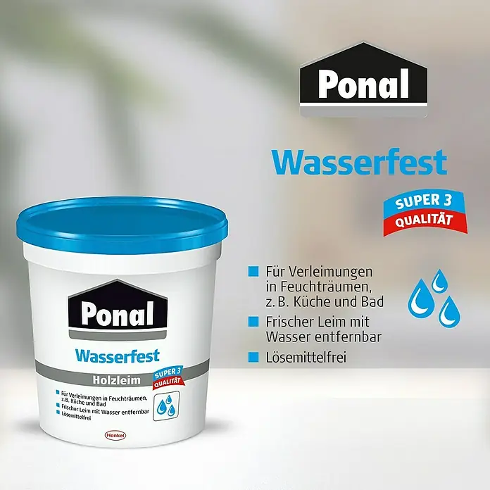 Ponal Holzleim Wasserfest - 760 g, Lösemittelfrei - Bild eines Eimers Ponal Wasserfest Holzleim Super 3 Qualität, ideal für feuchte Umgebungen und leicht mit Wasser entfernbar.