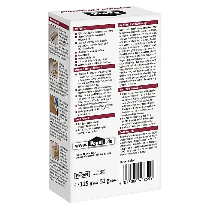 Ponal Spezialkleber Reparatur-PUR-Spachtel - Beige, 177 g - Dose Ponal Reparatur PUR-Spachtel, ideal zum Ausbessern von Holzoberflächen und zur Reparatur von Möbeln. Farbe: Beige.