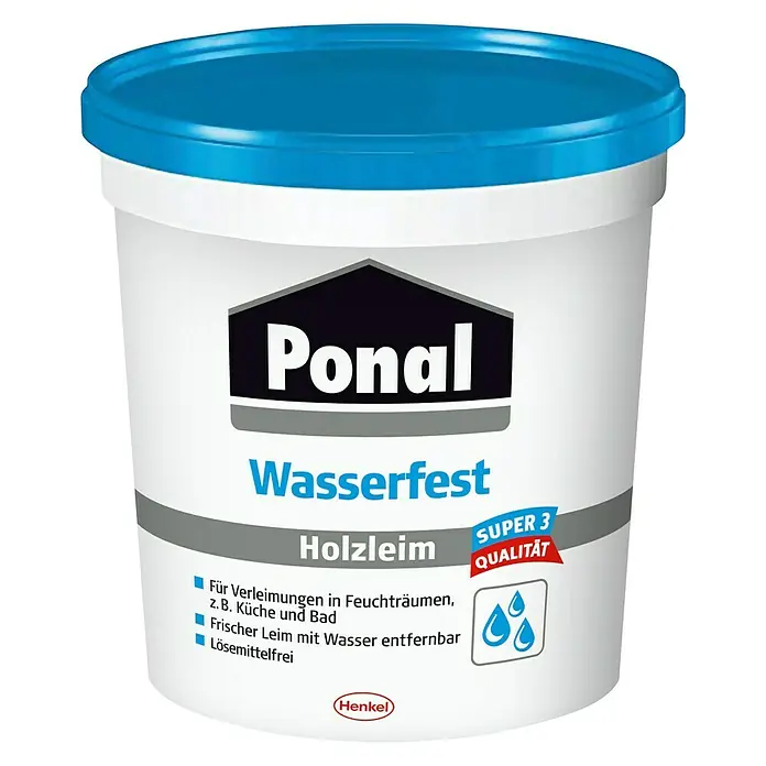 Ponal Holzleim Wasserfest - 760 g, Lösemittelfrei - Abbildung eines Eimers wasserfesten Ponal Holzleims, geeignet für Feuchträume, frisch mit Wasser entfernbar und lösemittelfrei.