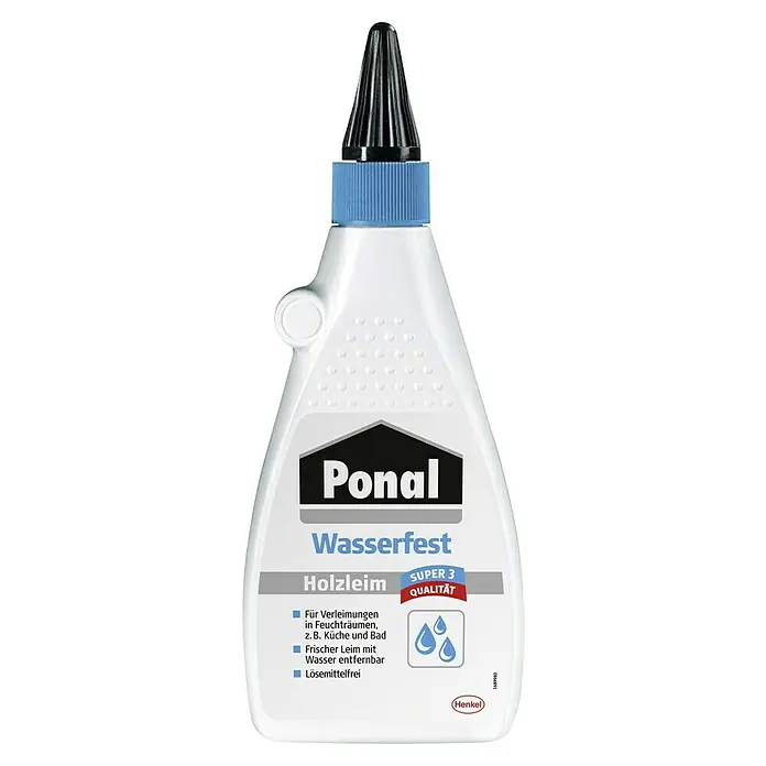 Ponal Holzleim Wasserfest - 550 g, Lösemittelfrei - Abbildung einer Flasche Ponal Wasserfest Holzleim. Der Holzleim ist wasserfest, lösemittelfrei und für Feuchträume geeignet.