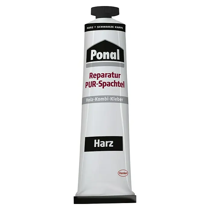 Ponal Spezialkleber Reparatur-PUR-Spachtel - Beige, 177 g - Abbildung einer Tube Ponal Reparatur PUR-Spachtel Holz-Kombi-Kleber Harz, ein Produkt von Henkel, mit schwarzer Kappe.