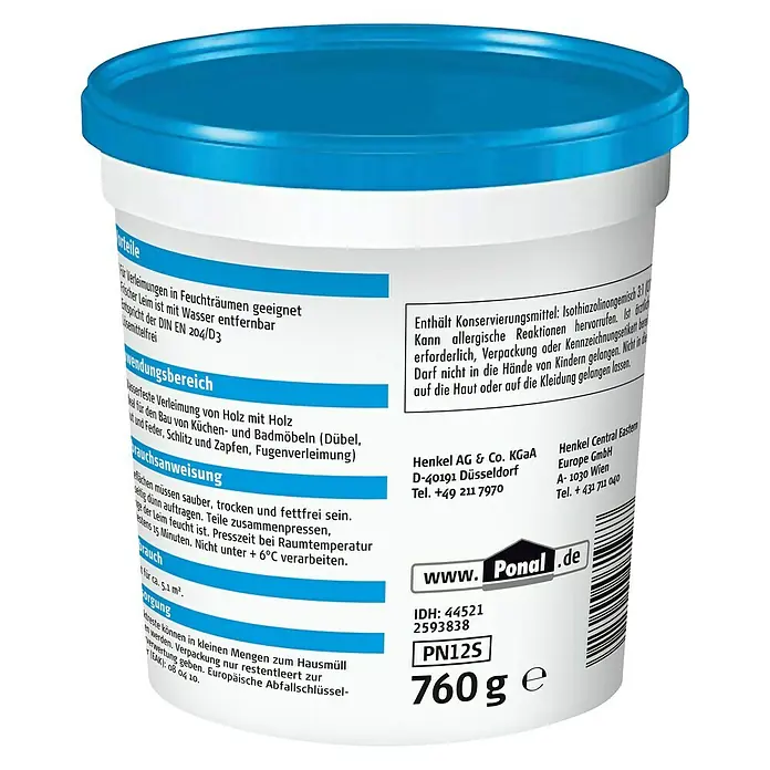 Ponal Holzleim Wasserfest - 760 g, Lösemittelfrei - Abbildung eines Ponal Holzkleber-Eimers mit blauem Deckel, ideal für feuchte Umgebungen und vielseitige Holzverleimungen im Innenbereich.