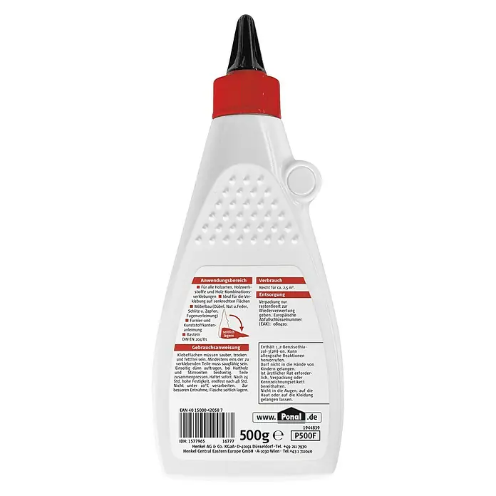 Ponal Holzleim Fix & Fest - 500 g, Lösemittelfrei - Abbildung einer Flasche Ponal-Holzleim mit roter Kappe, geeignet für Holzverbindungen und Reparaturen. Ideal für Heimwerker und professionelle Anwendungen.