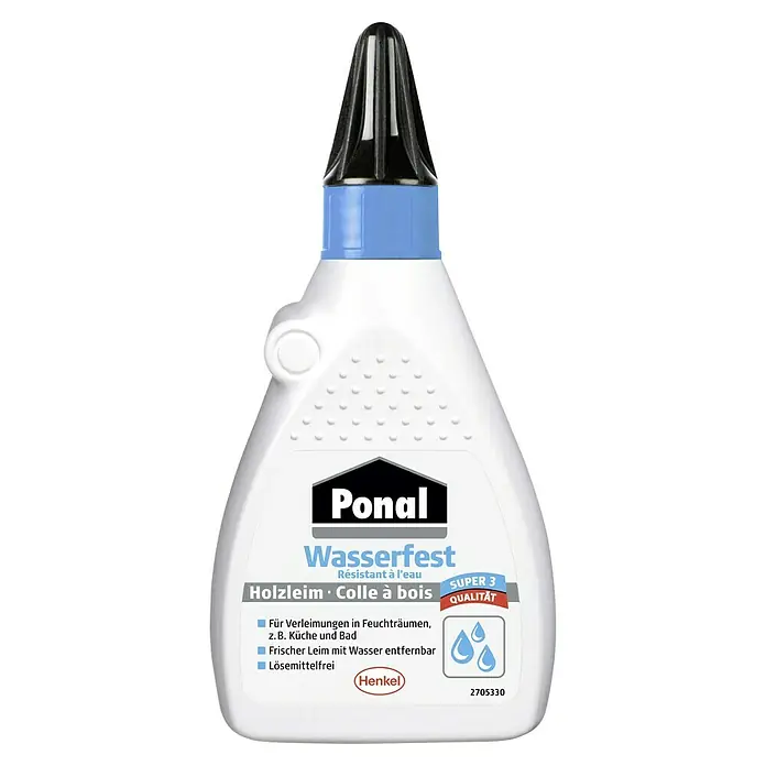 Ponal Holzleim Wasserfest - 120 g, Lösemittelfrei - Bild einer Flasche Ponal Wasserfest Holzleim, ideal für Feuchträume, wasserentfernbar und lösemittelfrei.