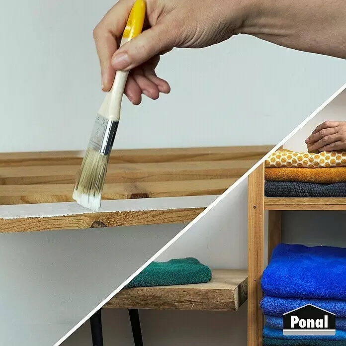 Ponal Holzleim Wasserfest - 760 g, Lösemittelfrei - Eine Hand trägt Ponal Holzleim auf Holzbretter für ein Regal auf und demonstriert so die Verwendung bei der Möbelmontage.