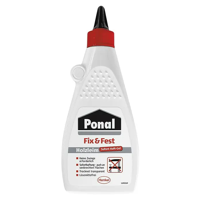 Ponal Holzleim Fix & Fest - 500 g, Lösemittelfrei - Bild einer Flasche Ponal Fix & Fest Holzleim, einem schnell haftenden Holzleim-Gel für sofortige Verbindungen ohne Zwingen.