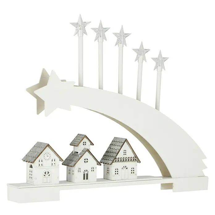 Konstsmide LED-Holzsilhouette Komet - 5 x 45 x 37 cm, Weiß, Batteriebetrieben, Warmweiß, 0,48 W - Dekorative Weihnachtspyramide mit beleuchteten Sternen und kleinen Häusern, die eine festliche Stimmung verbreitet.