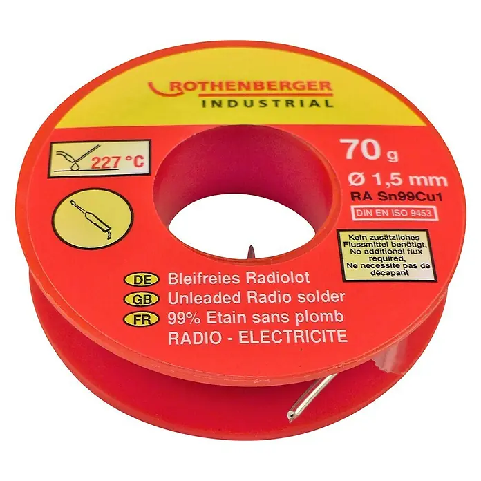 Rothenberger Industrial Radiolot - Durchmesser: 1,5 mm, 70 g - Spule bleifreies Radiolot von Rothenberger Industrial mit 70g, 1,5mm Durchmesser und RA Sn99Cu1 Flussmittel für präzise Lötarbeiten.