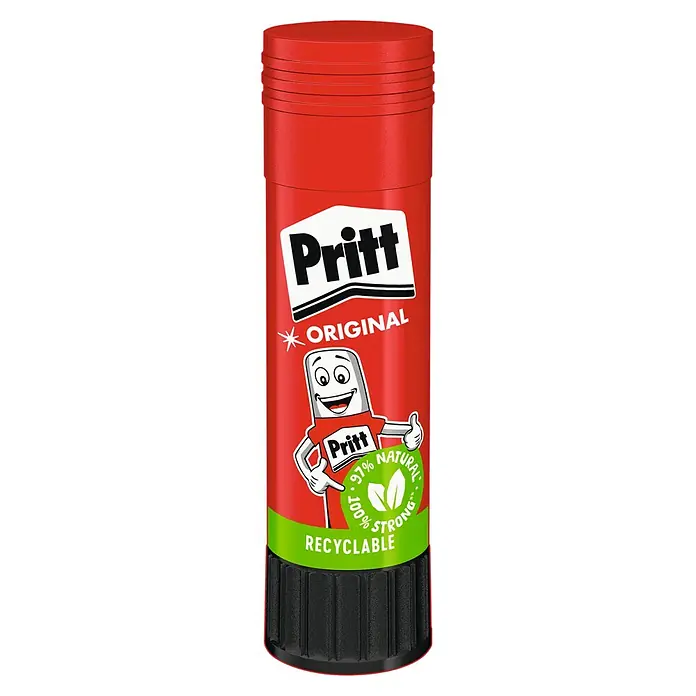 Pritt Klebestift - 22 g, Fest - Ein roter Pritt Klebestift mit dem Pritt-Logo, der als original, zu 97% natürlich, 100% stark und recycelbar beworben wird.