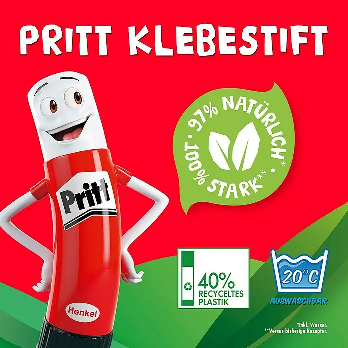 Pritt Klebestift - 22 g, Fest - Produktbild des Pritt Klebestifts mit dem Slogan „97% natürlich, 100% stark“ und dem Hinweis auf 40% recyceltes Plastik.